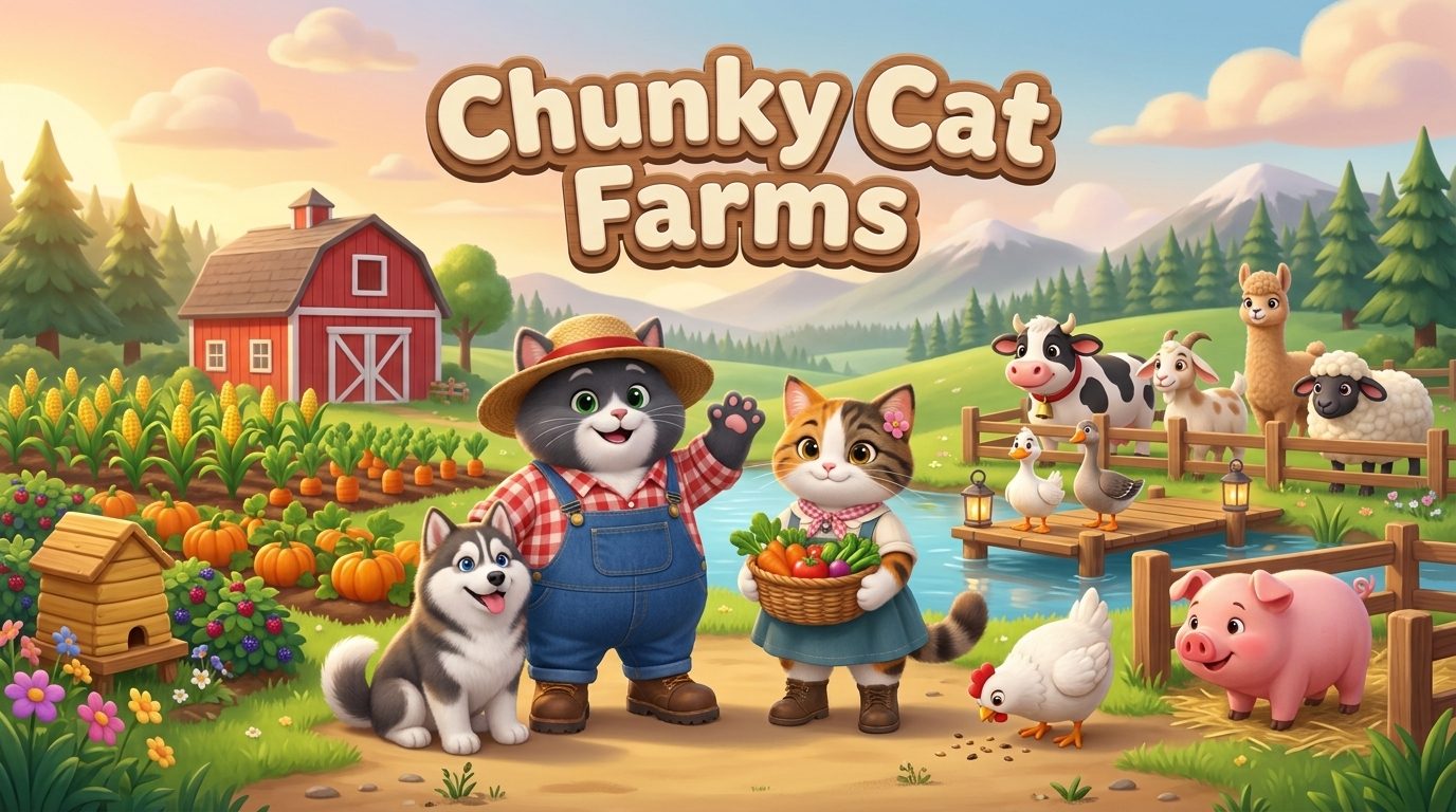 Chunky Cat Farms: Levi the farmer cat, Callie the calico, Koda the husky and the farm animals in front of a red barn
