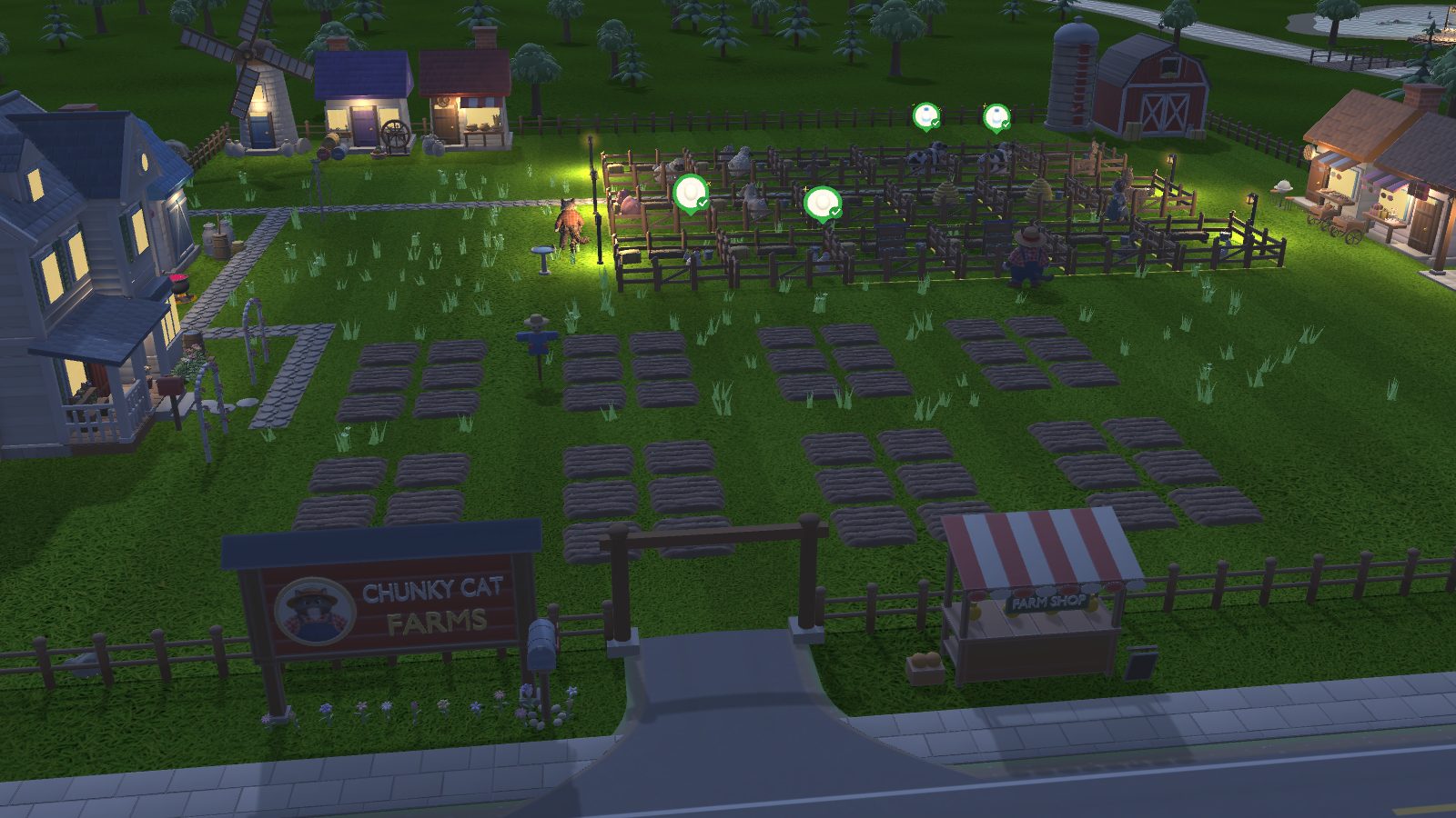 The same farm at night, with lit farmhouse windows, glowing lamp posts by the pens and shops lit up behind