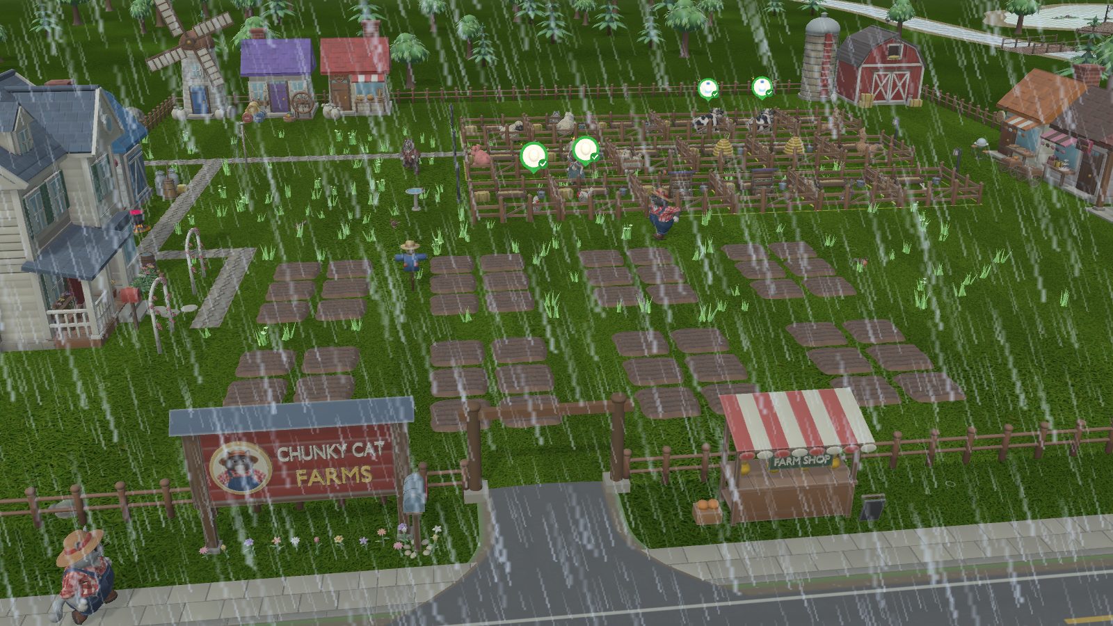 The same farm in a rainstorm, with heavy rain streaking across the plots, pens and farm sign